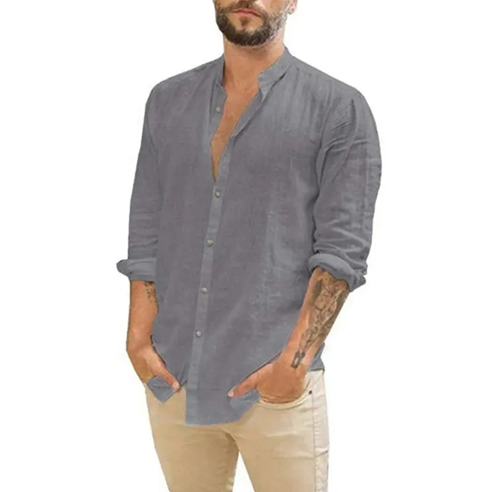 Cotton Linen Men's Long-Sleeved Summer Shirt with Stand-Up Collar