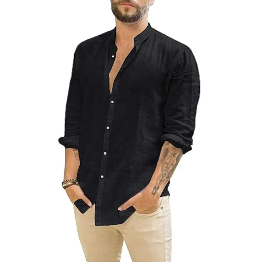 Cotton Linen Men's Long-Sleeved Summer Shirt with Stand-Up Collar