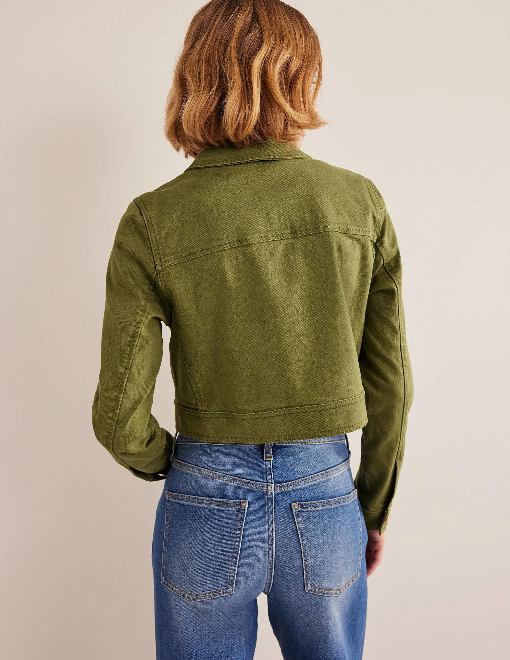 Cropped Casual Cotton Jacket-Green