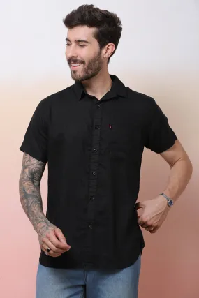 Halfsleeve Black Linen Plain Shirt