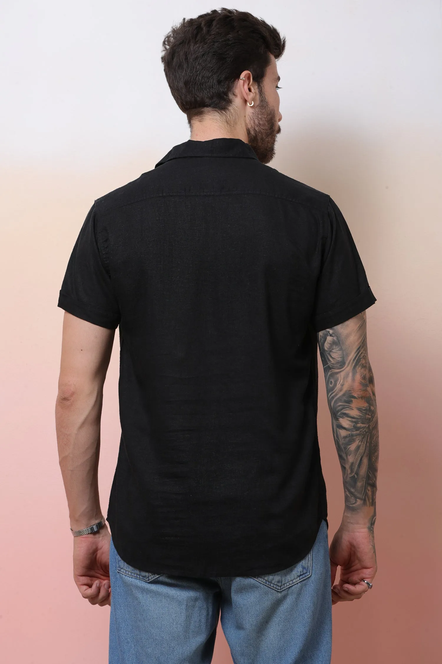 Halfsleeve Black Linen Plain Shirt