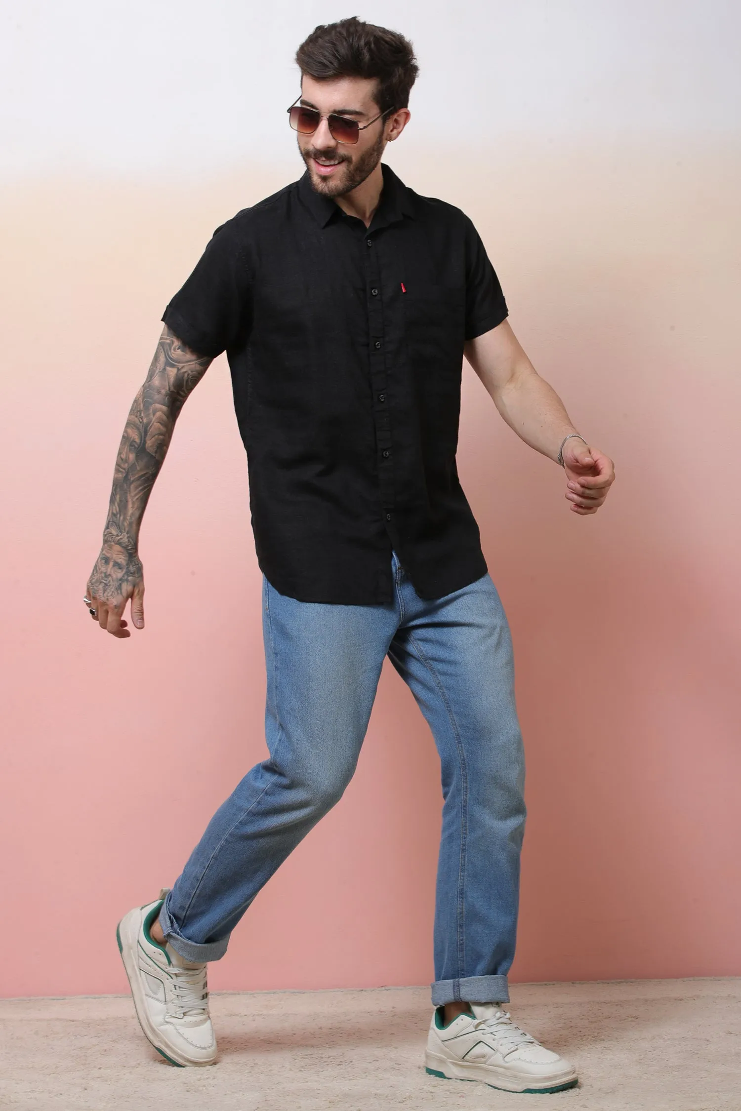 Halfsleeve Black Linen Plain Shirt