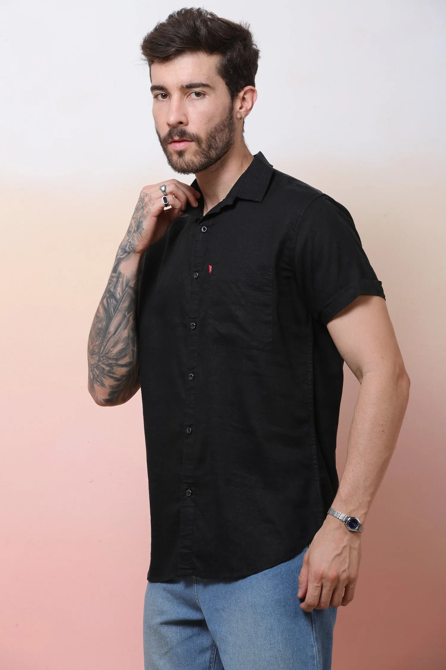 Halfsleeve Black Linen Plain Shirt