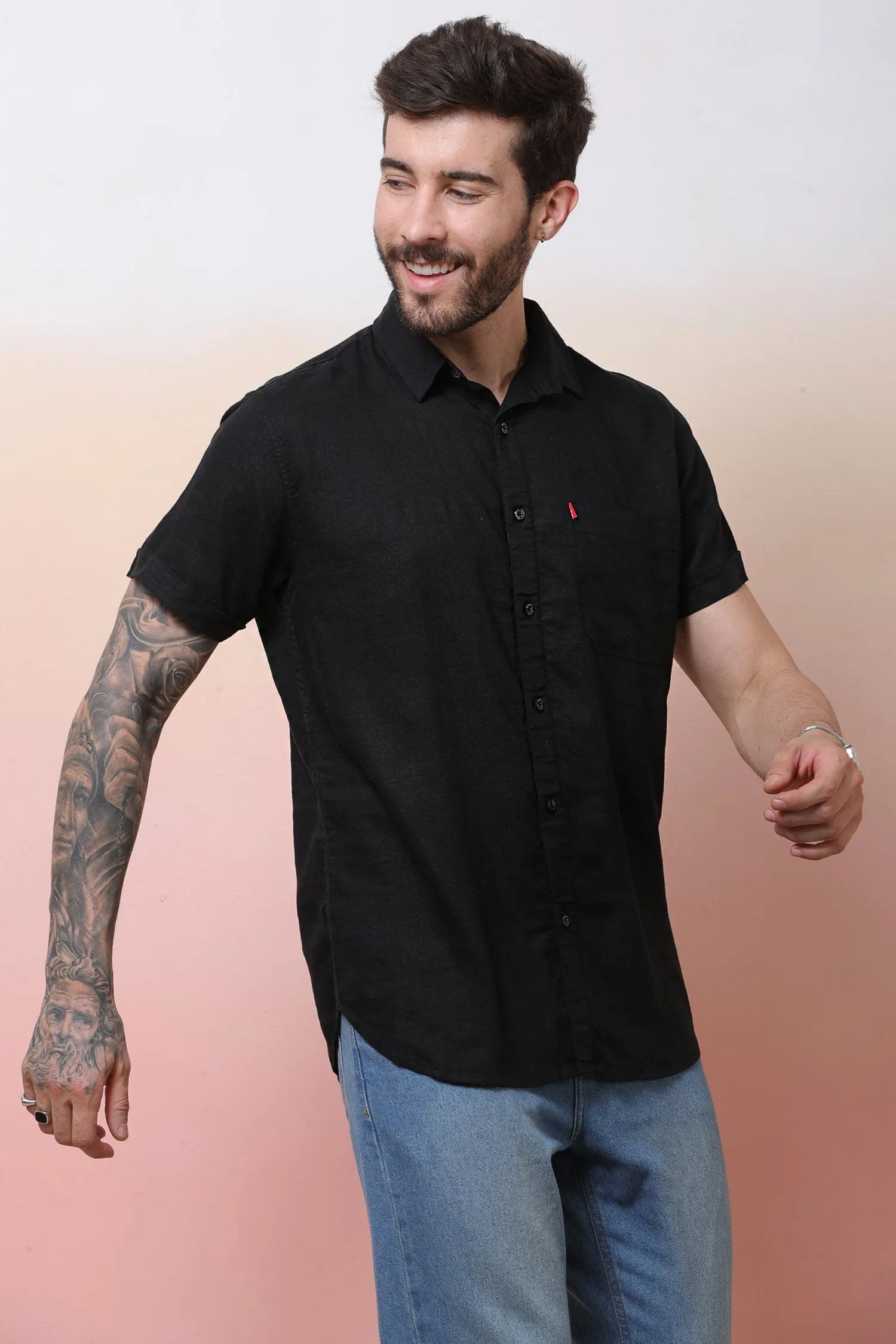 Halfsleeve Black Linen Plain Shirt
