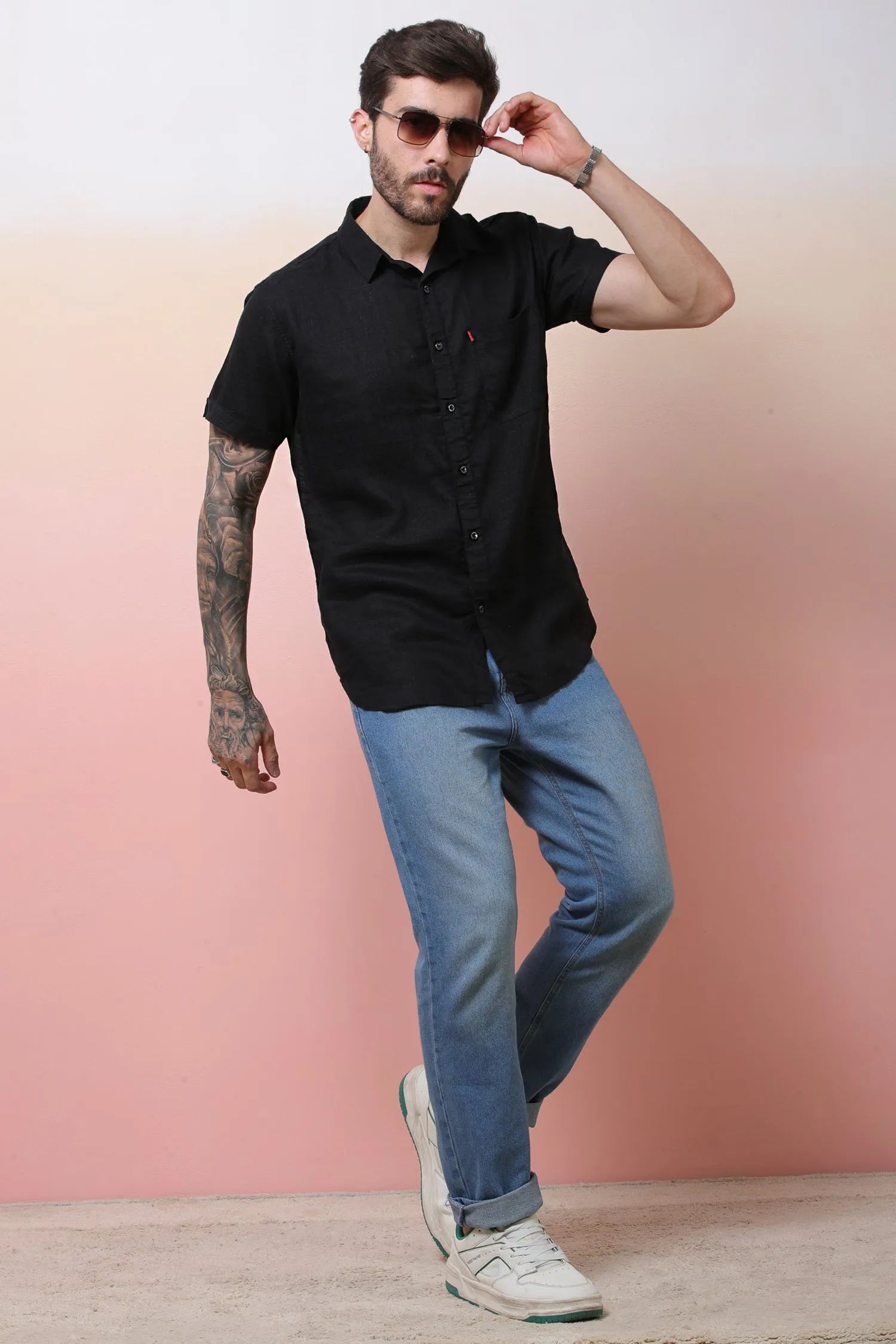 Halfsleeve Black Linen Plain Shirt