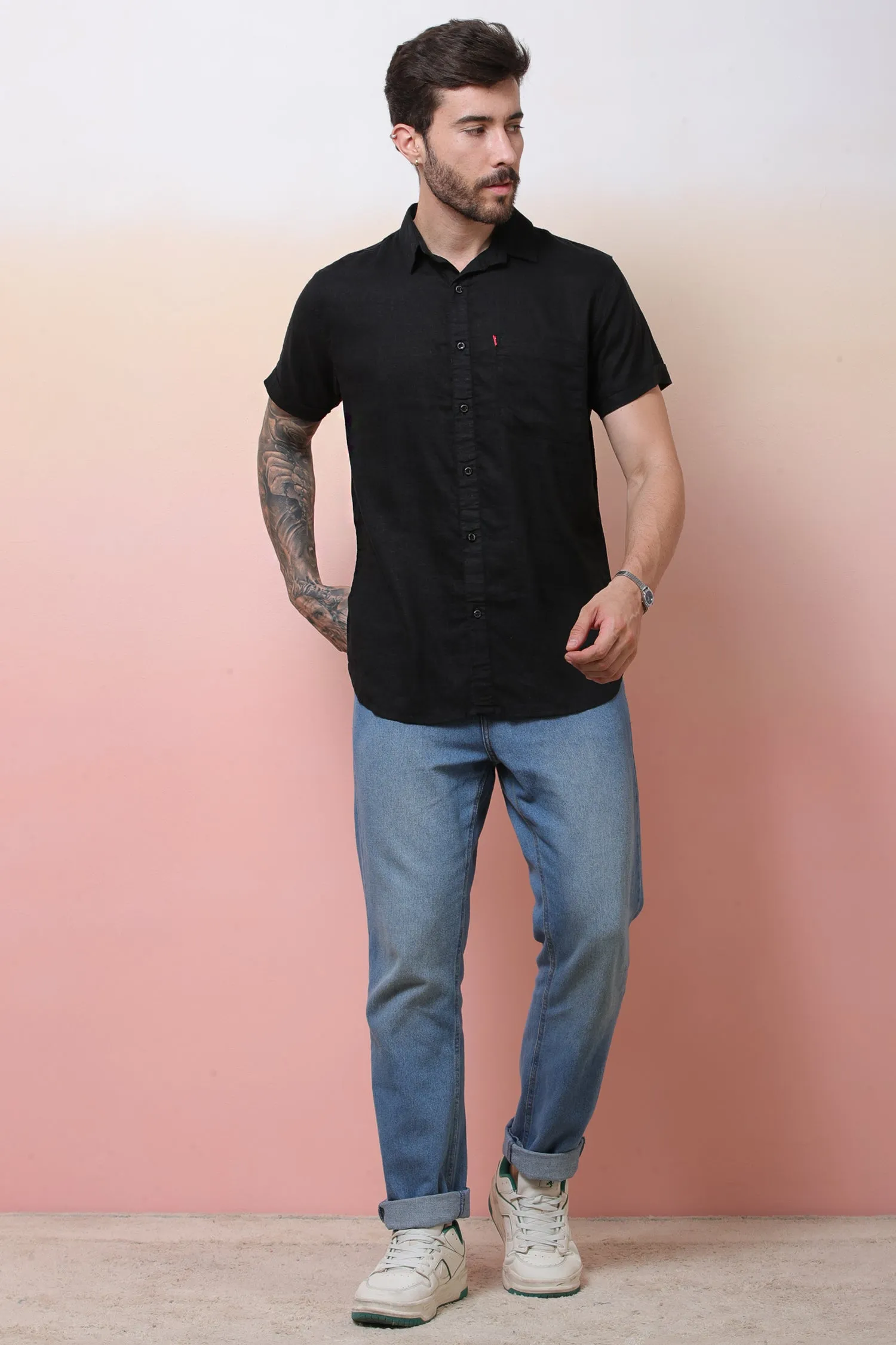 Halfsleeve Black Linen Plain Shirt
