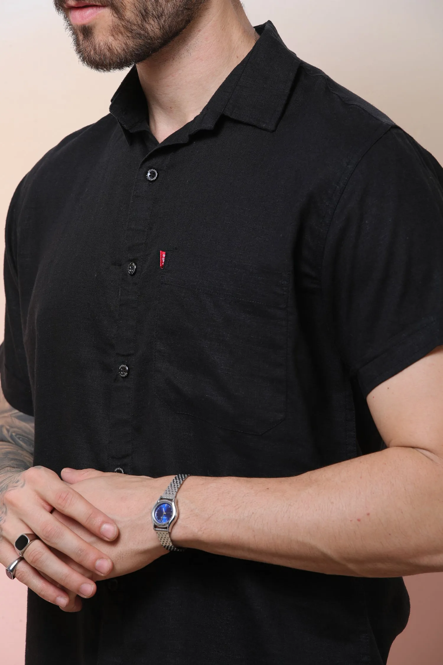 Halfsleeve Black Linen Plain Shirt