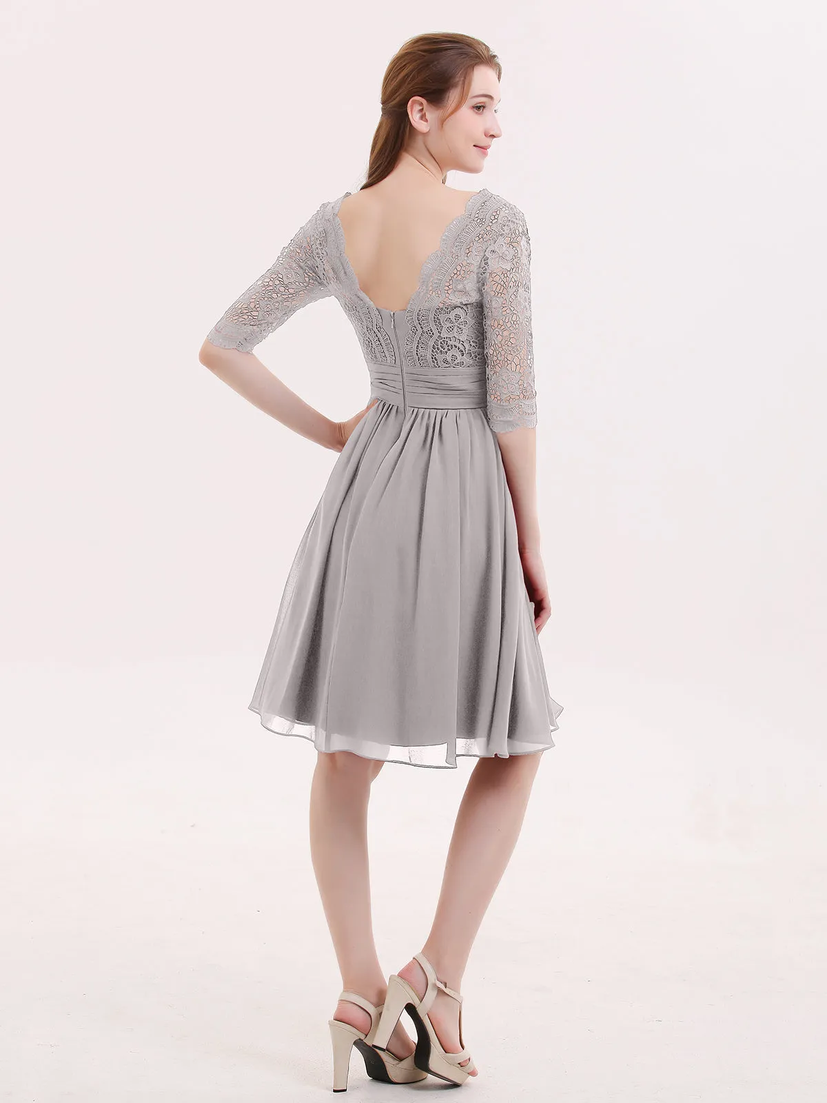 Lace and Chiffon Short Dress with Half Sleeves Silver
