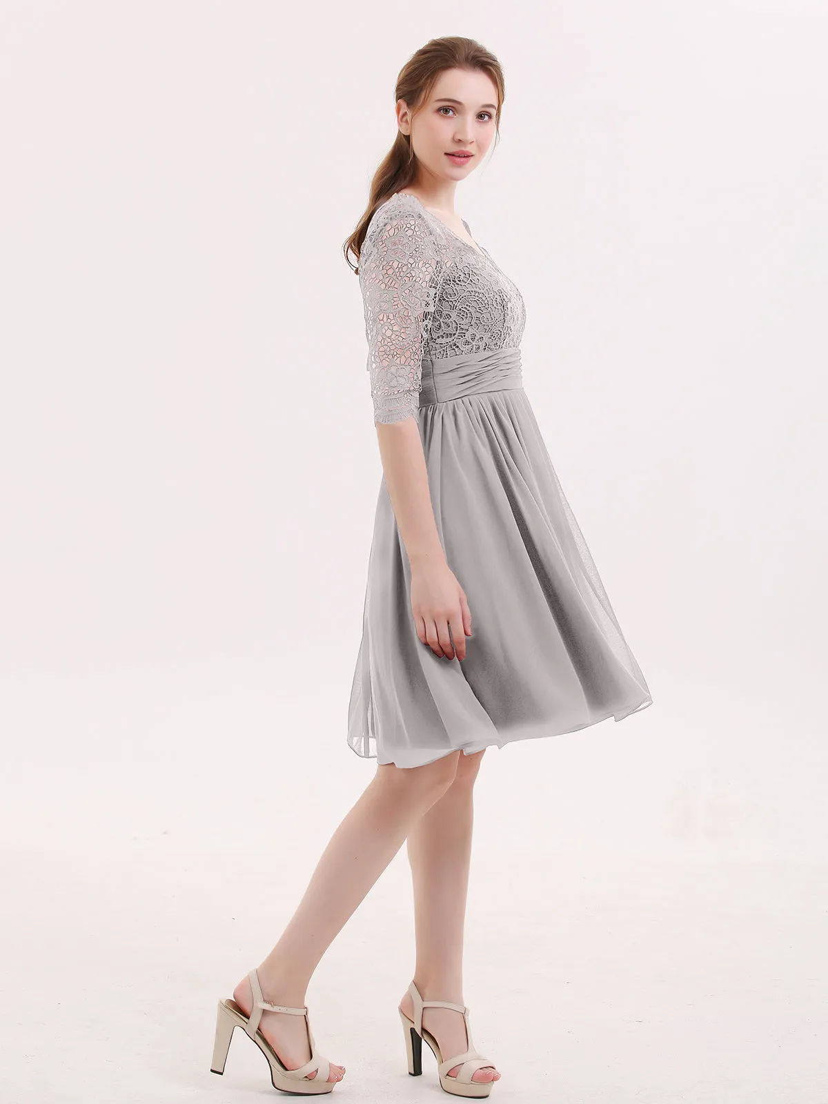 Lace and Chiffon Short Dress with Half Sleeves Silver