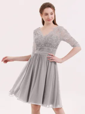 Lace and Chiffon Short Dress with Half Sleeves Silver