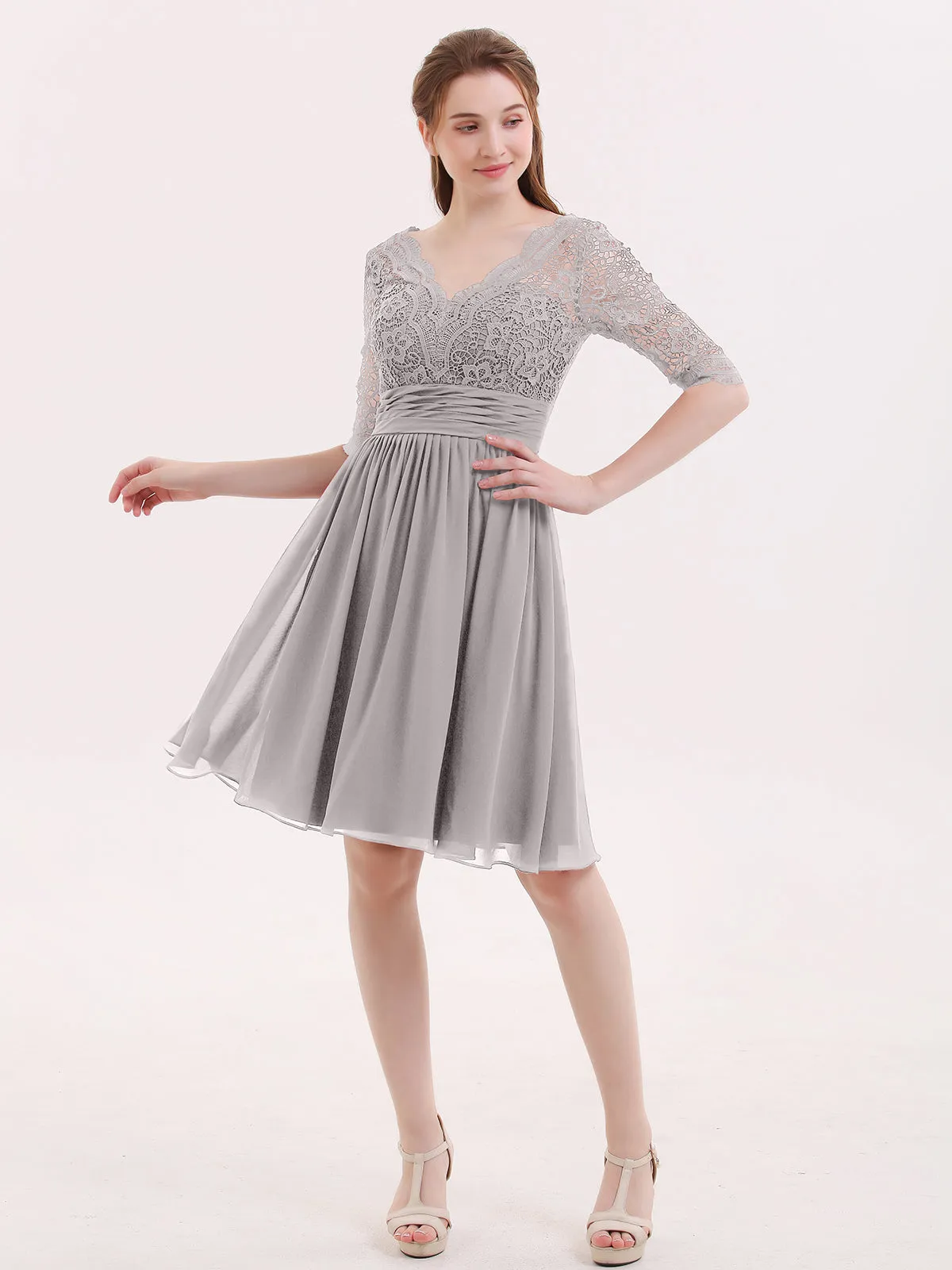 Lace and Chiffon Short Dress with Half Sleeves Silver