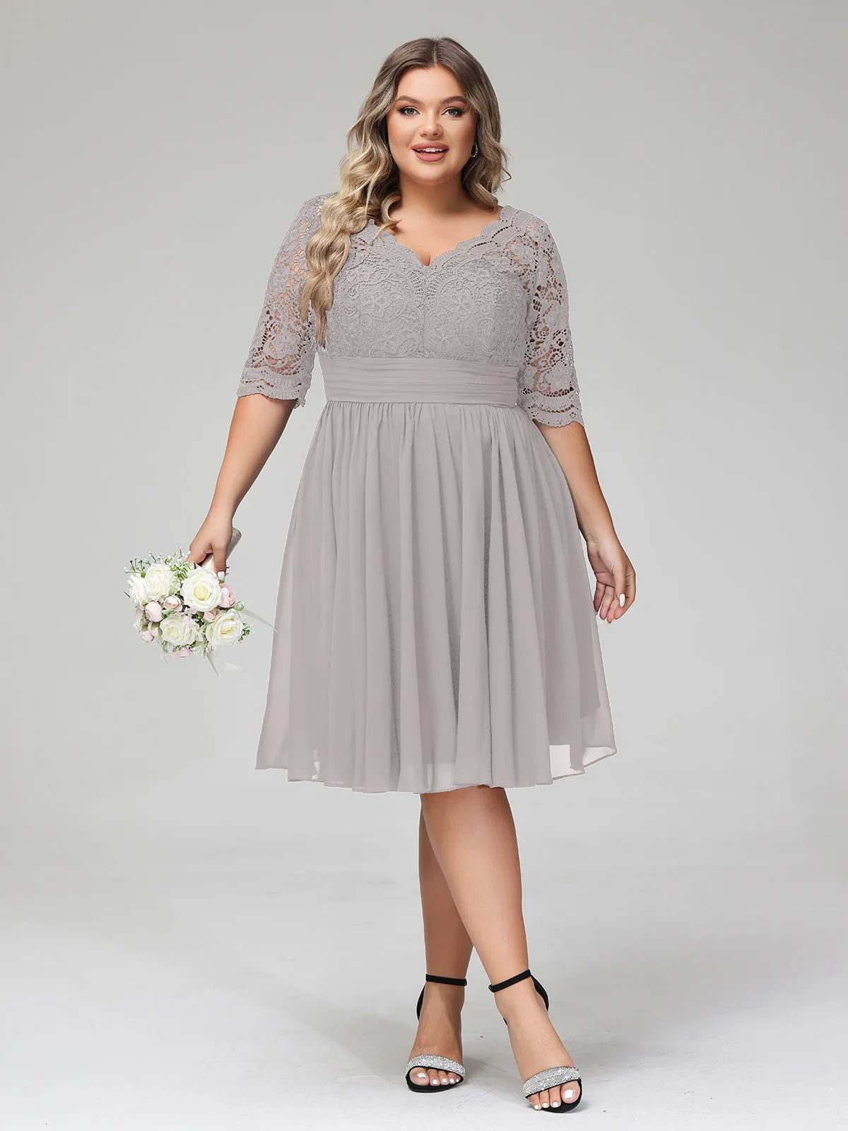Lace and Chiffon Short Dress with Half Sleeves Silver