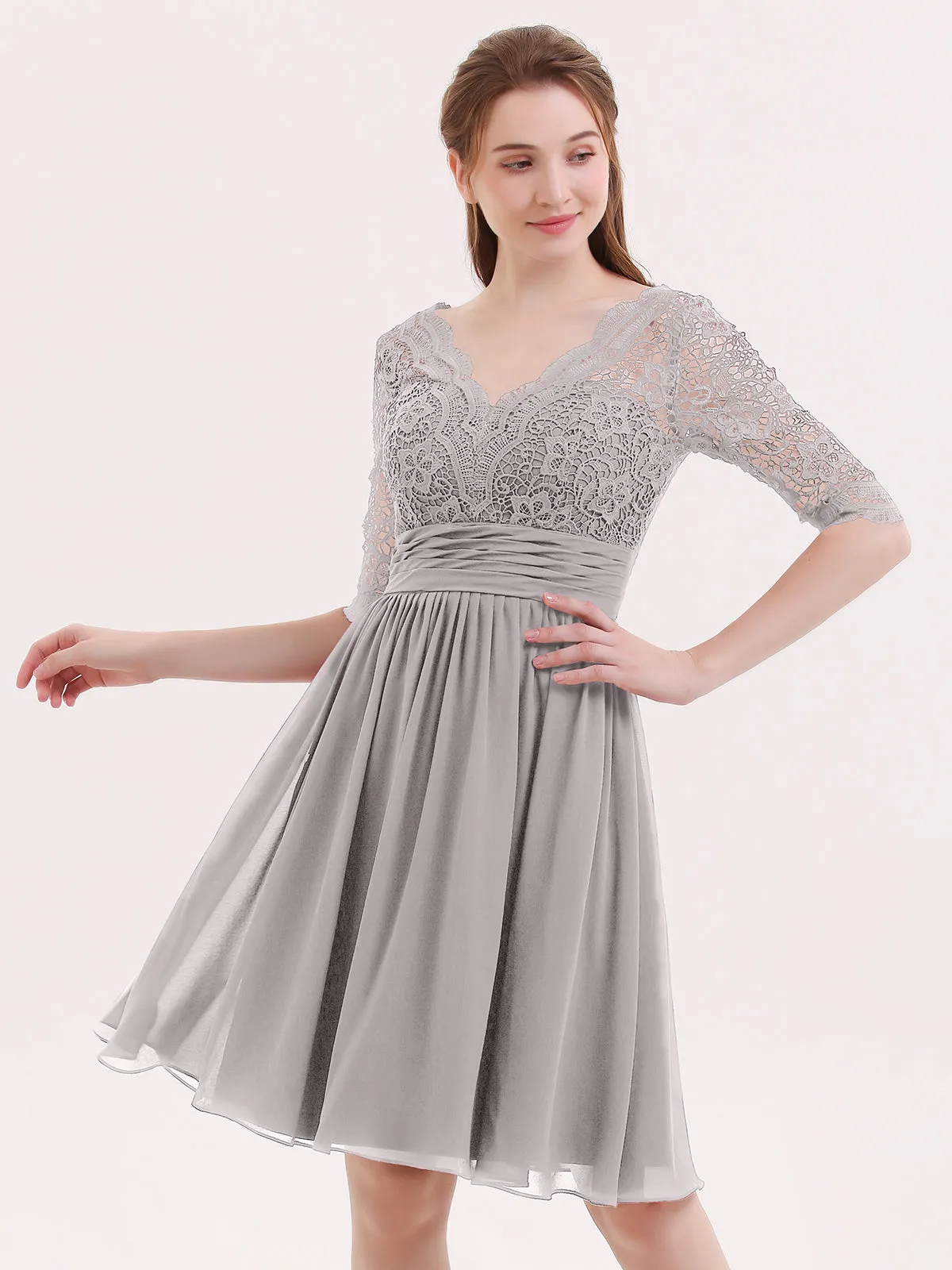 Lace and Chiffon Short Dress with Half Sleeves Silver