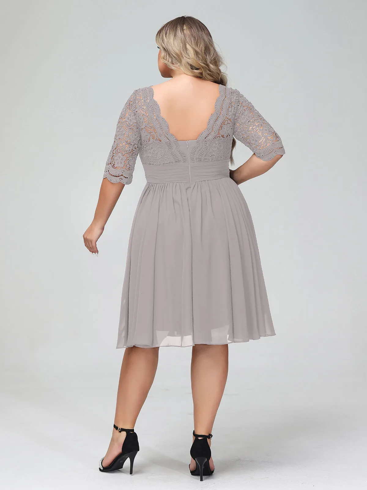 Lace and Chiffon Short Dress with Half Sleeves Silver