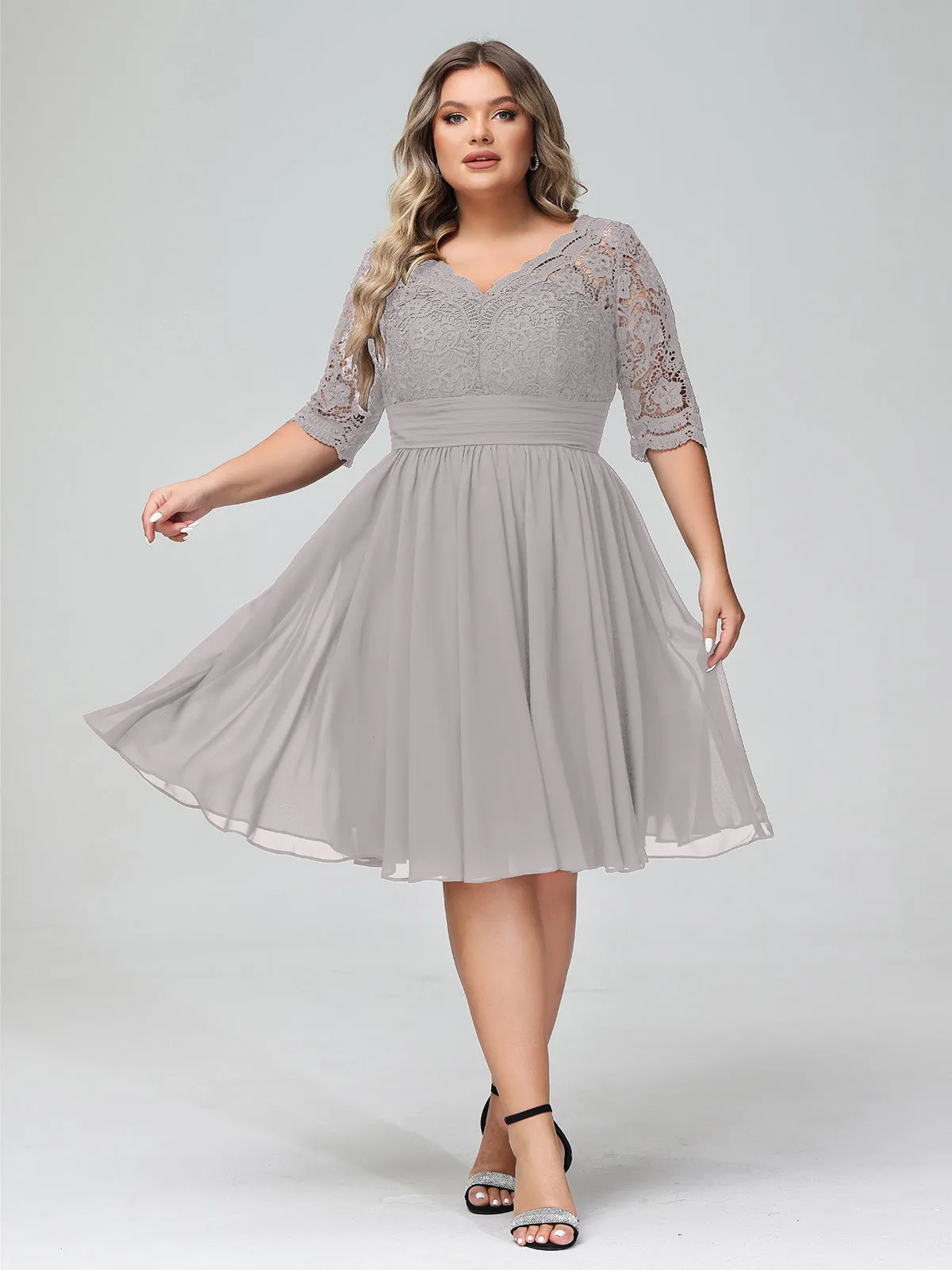 Lace and Chiffon Short Dress with Half Sleeves Silver