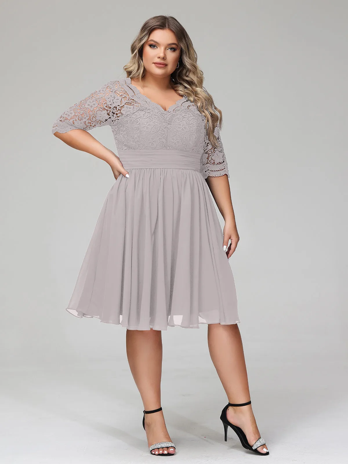 Lace and Chiffon Short Dress with Half Sleeves Silver