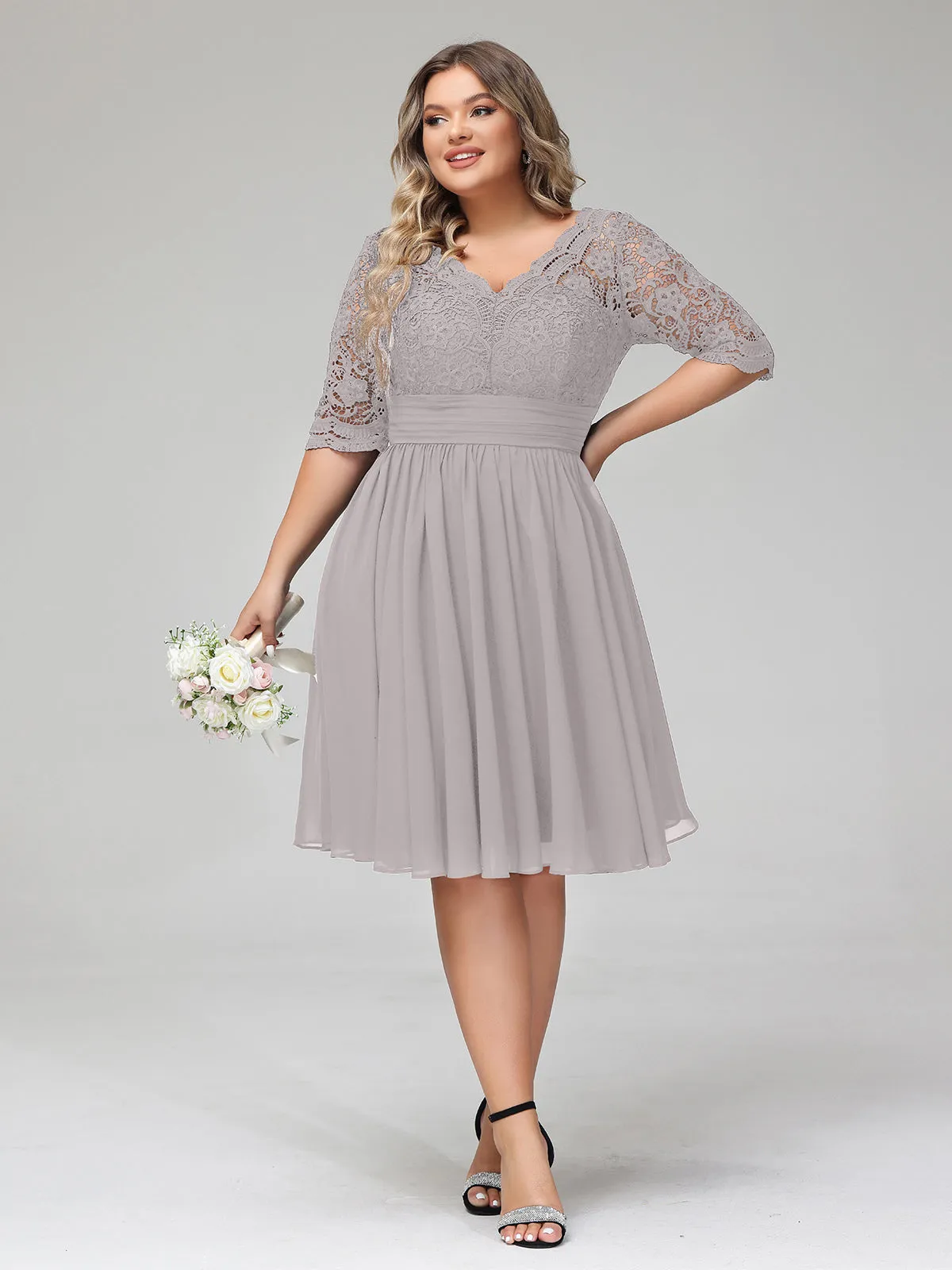 Lace and Chiffon Short Dress with Half Sleeves Silver