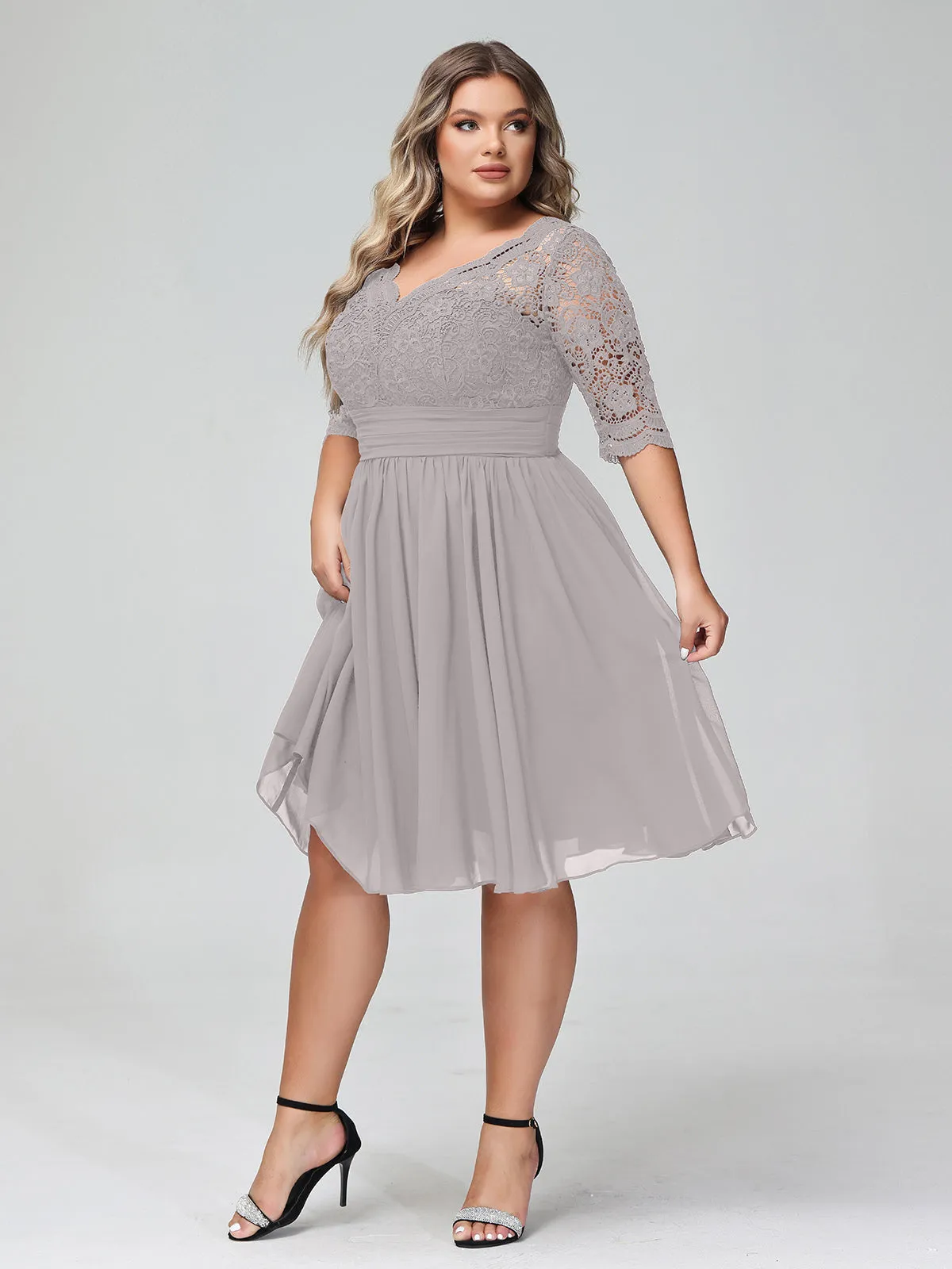Lace and Chiffon Short Dress with Half Sleeves Silver