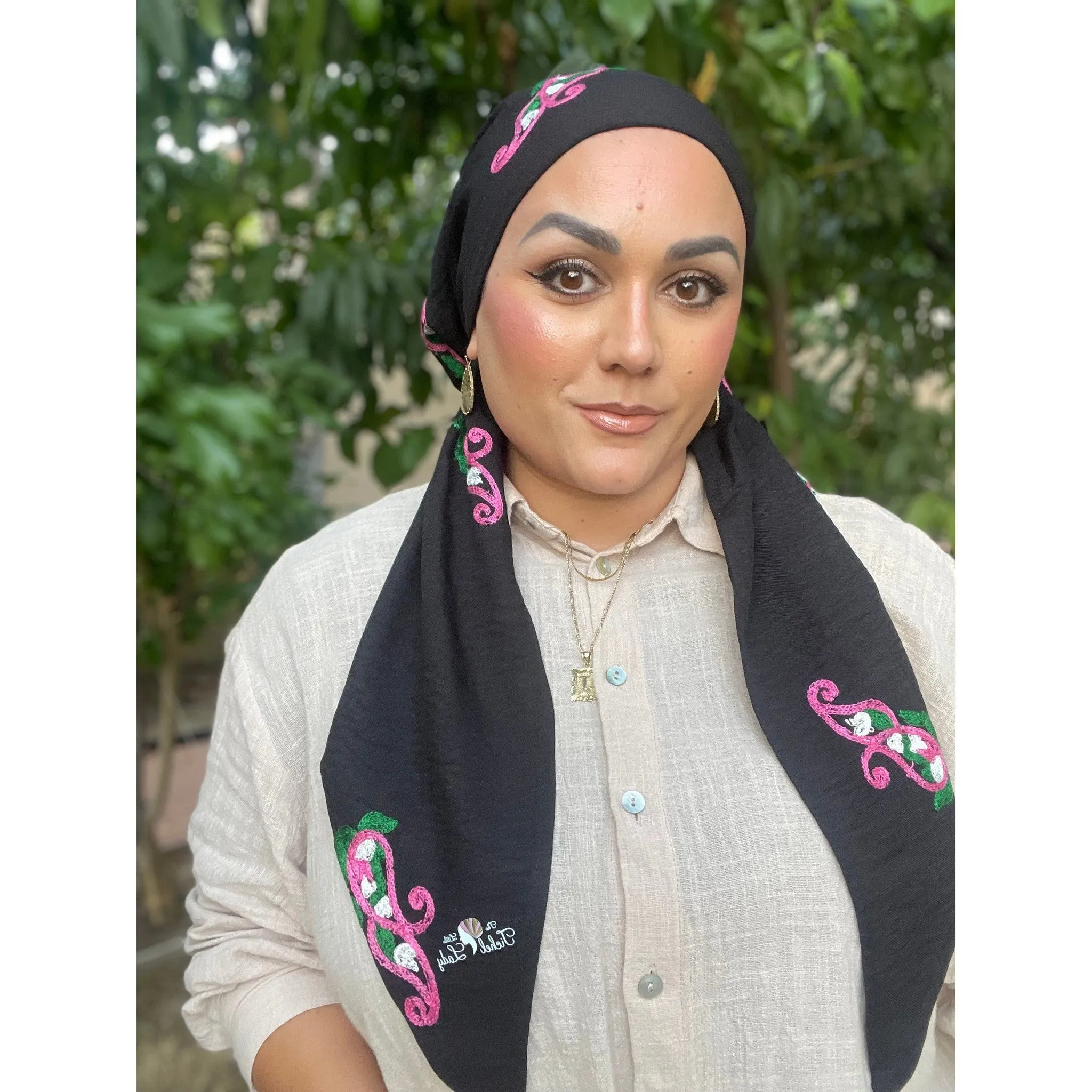 Linen Embroidered Pretied w/ VELVET HEADBAND & Adjustable Circumference - Black/Pink