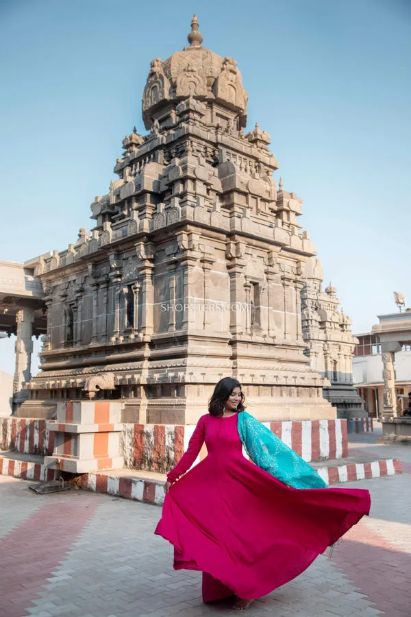 Magenta Dress With Blue Chanderi Dupatta