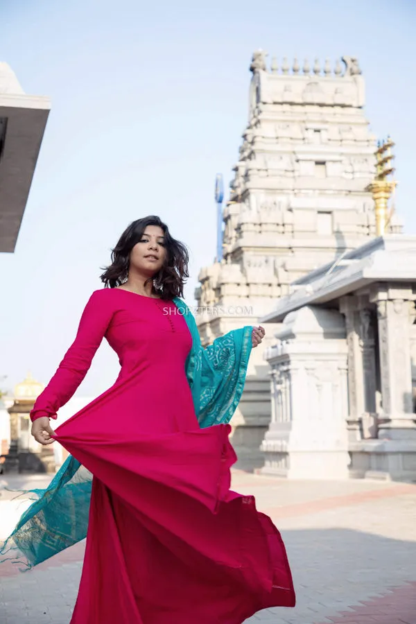 Magenta Dress With Blue Chanderi Dupatta