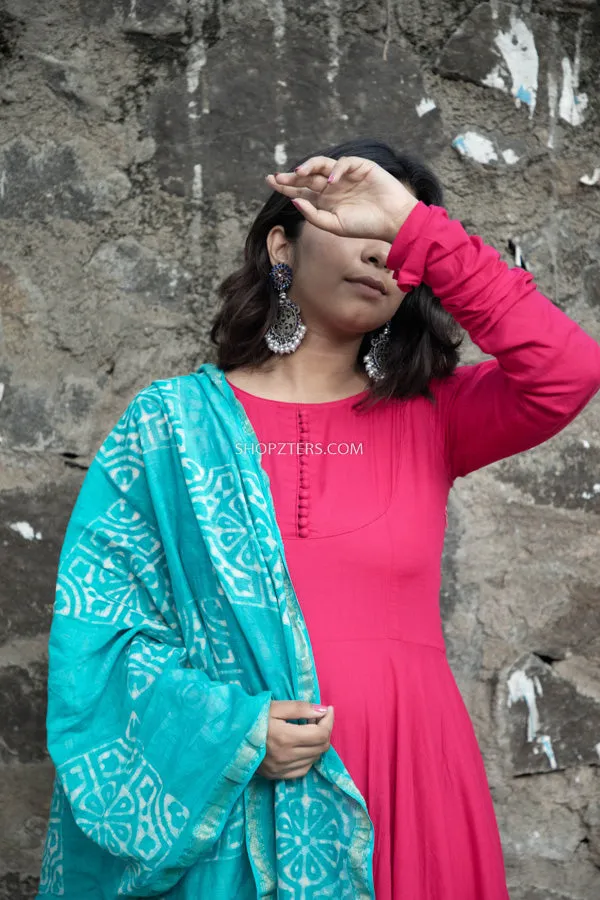 Magenta Dress With Blue Chanderi Dupatta