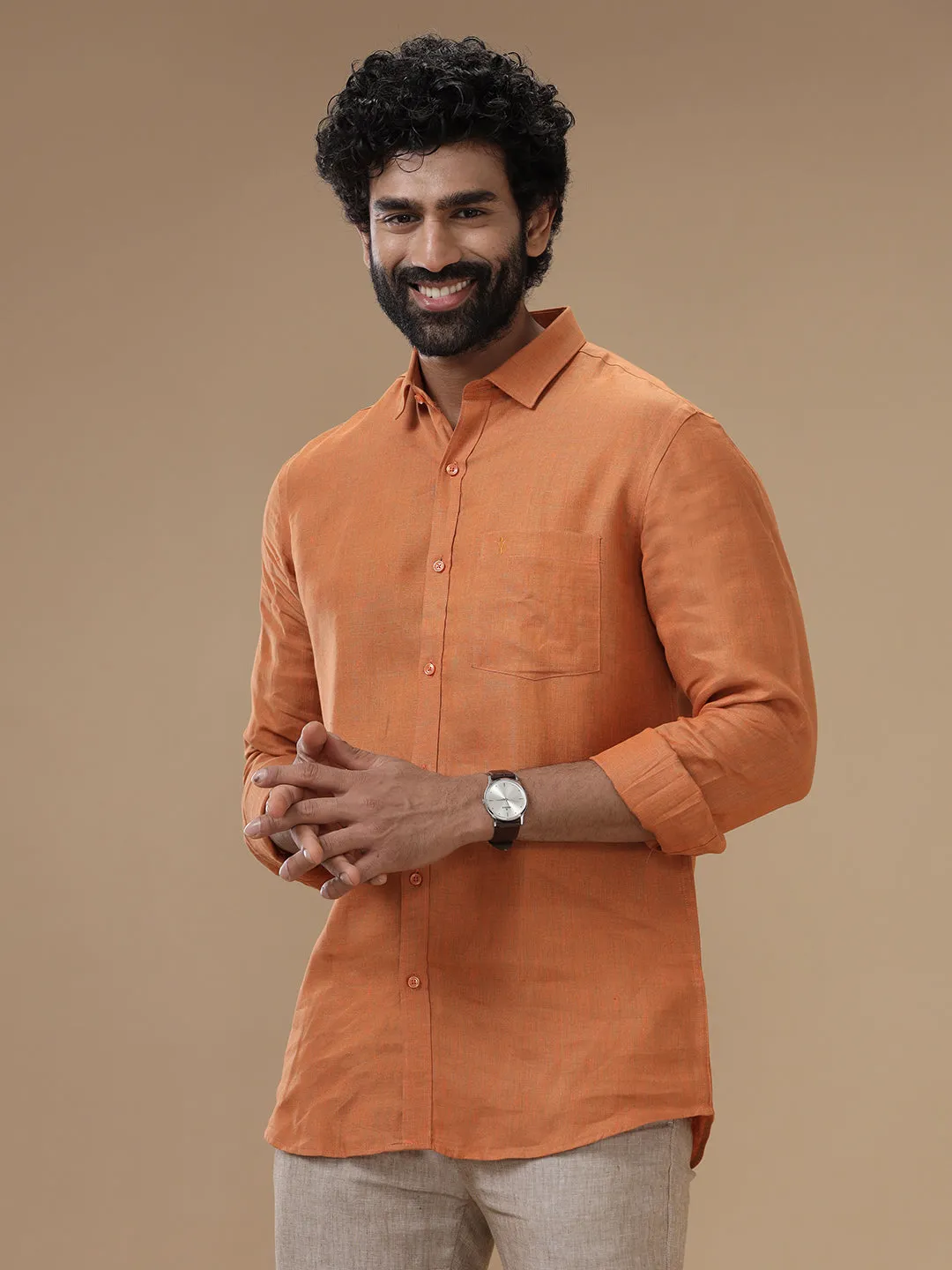 Men Pure Linen Shirt Dark Orange - L76