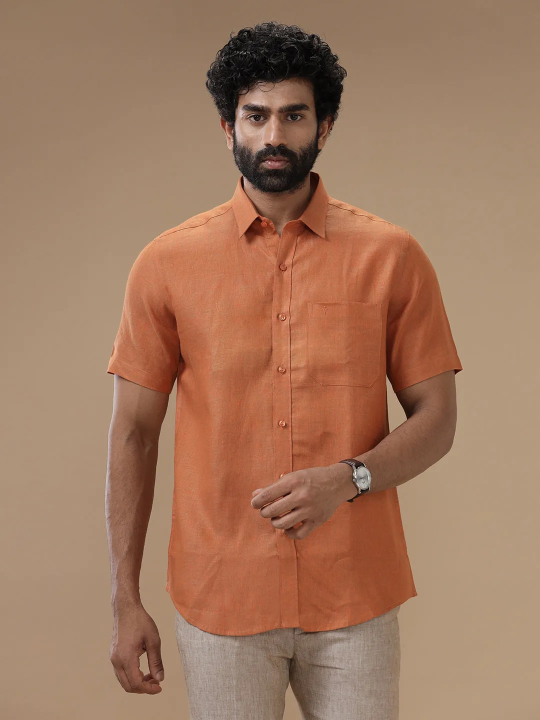 Men Pure Linen Shirt Dark Orange - L76