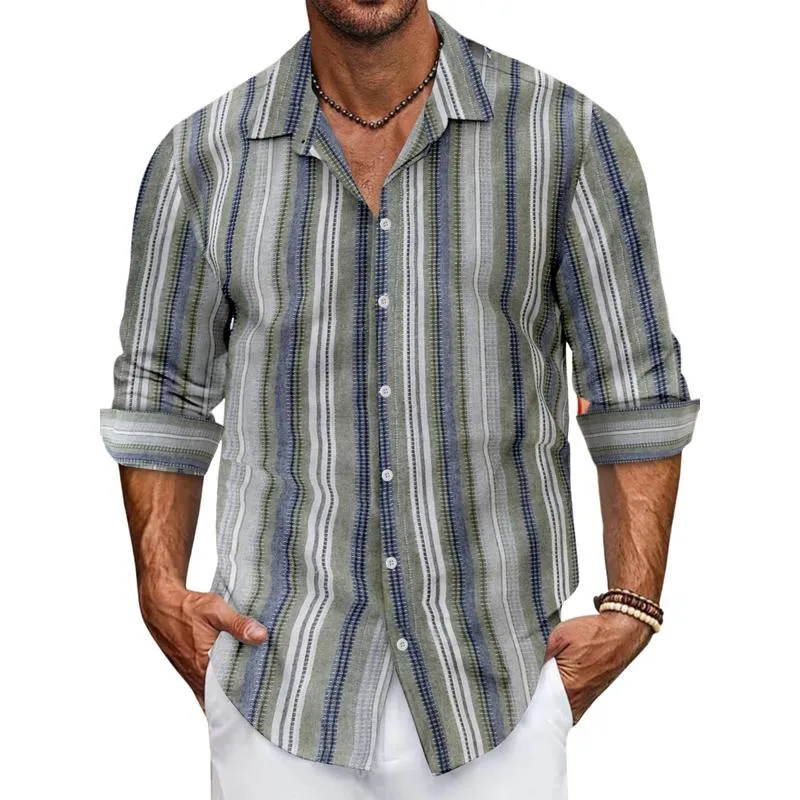 Men's Casual Cotton Linen Contrast Striped Lapel Long-sleeved Shirt 88362441M