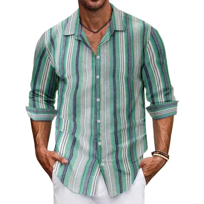 Men's Casual Cotton Linen Contrast Striped Lapel Long-sleeved Shirt 88362441M
