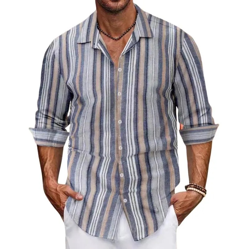 Men's Casual Cotton Linen Contrast Striped Lapel Long-sleeved Shirt 88362441M