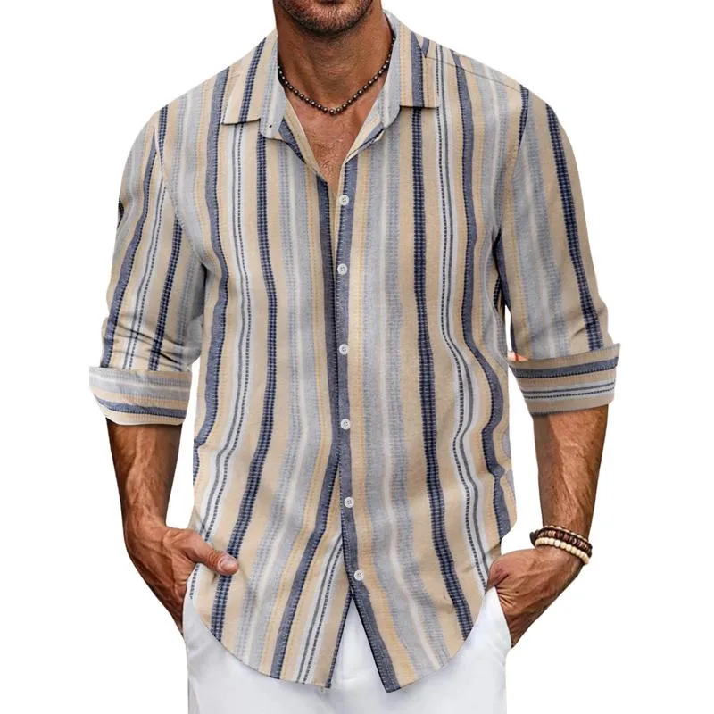 Men's Casual Cotton Linen Contrast Striped Lapel Long-sleeved Shirt 88362441M