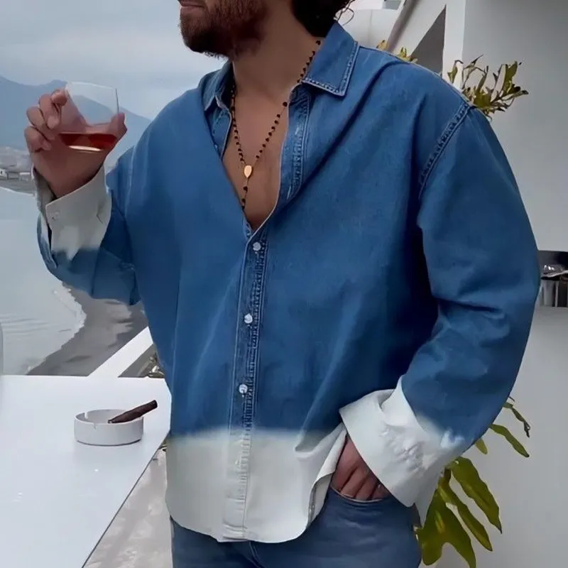 Men's Fashion Casual Gradient Denim Long Sleeve Shirt 85739749K