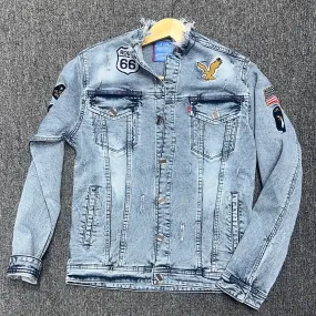 Men's Ripped Collar Denim Jacket - Iced Tone, Rugged Wash & Embroidered Patch