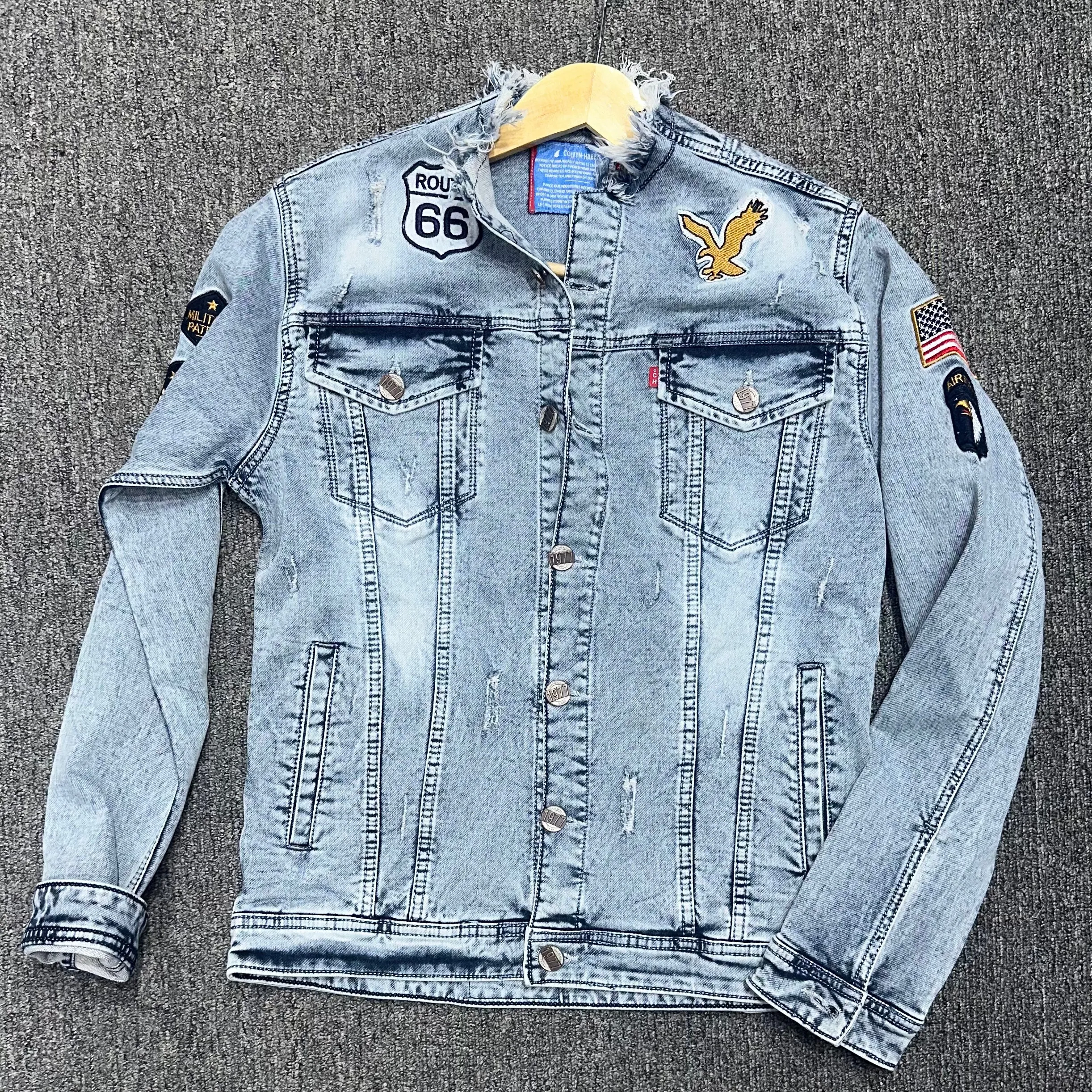 Men's Ripped Collar Denim Jacket - Iced Tone, Rugged Wash & Embroidered Patch