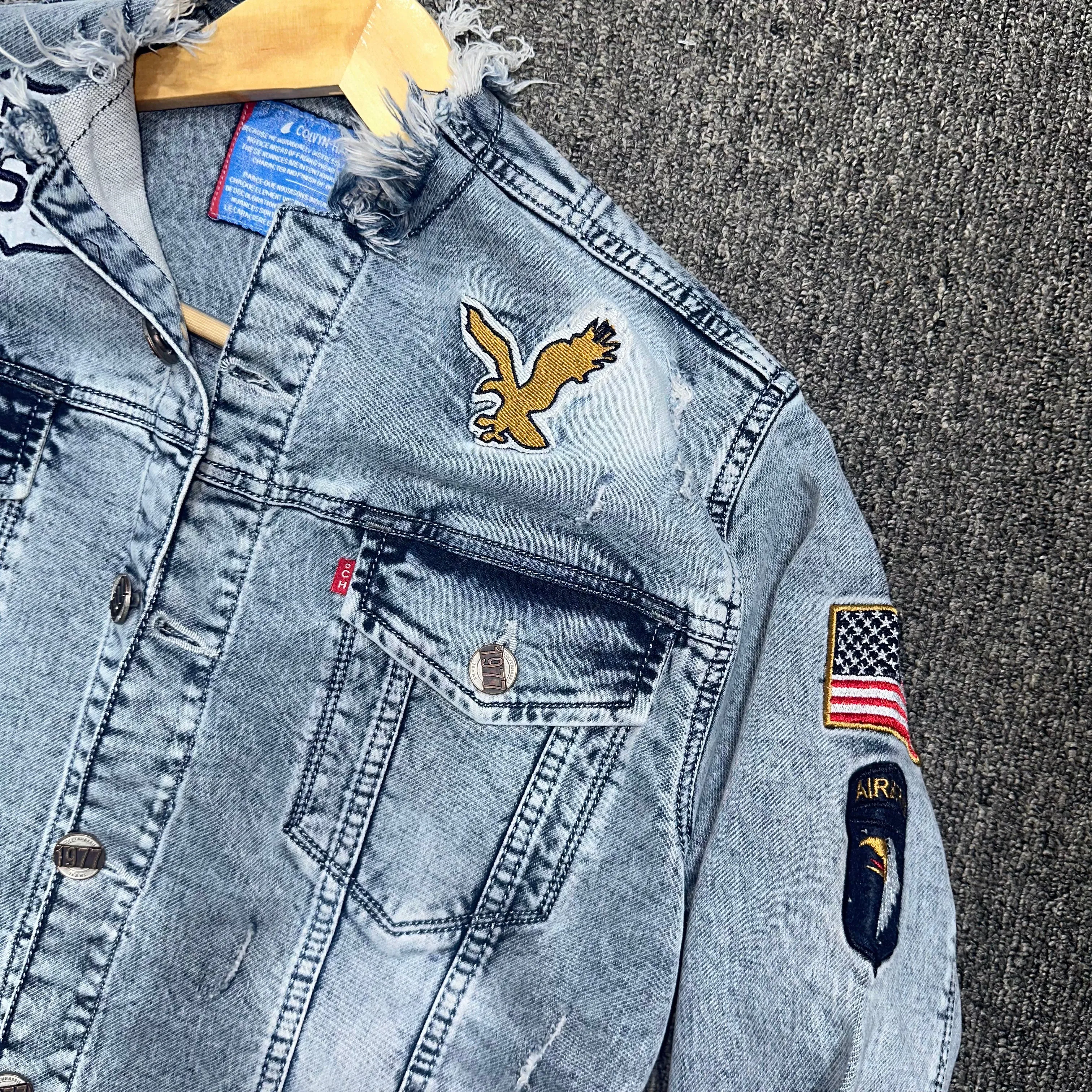 Men's Ripped Collar Denim Jacket - Iced Tone, Rugged Wash & Embroidered Patch