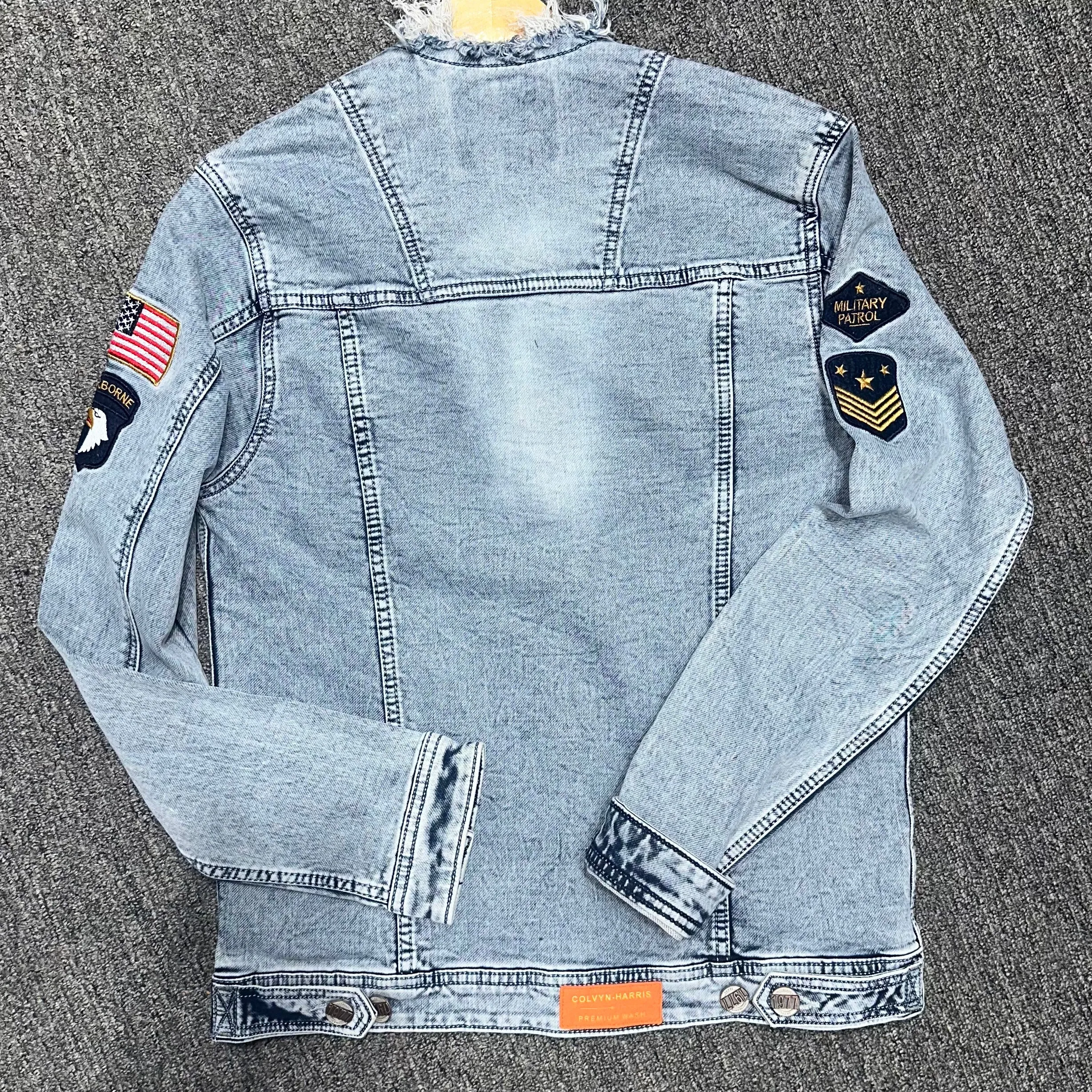 Men's Ripped Collar Denim Jacket - Iced Tone, Rugged Wash & Embroidered Patch