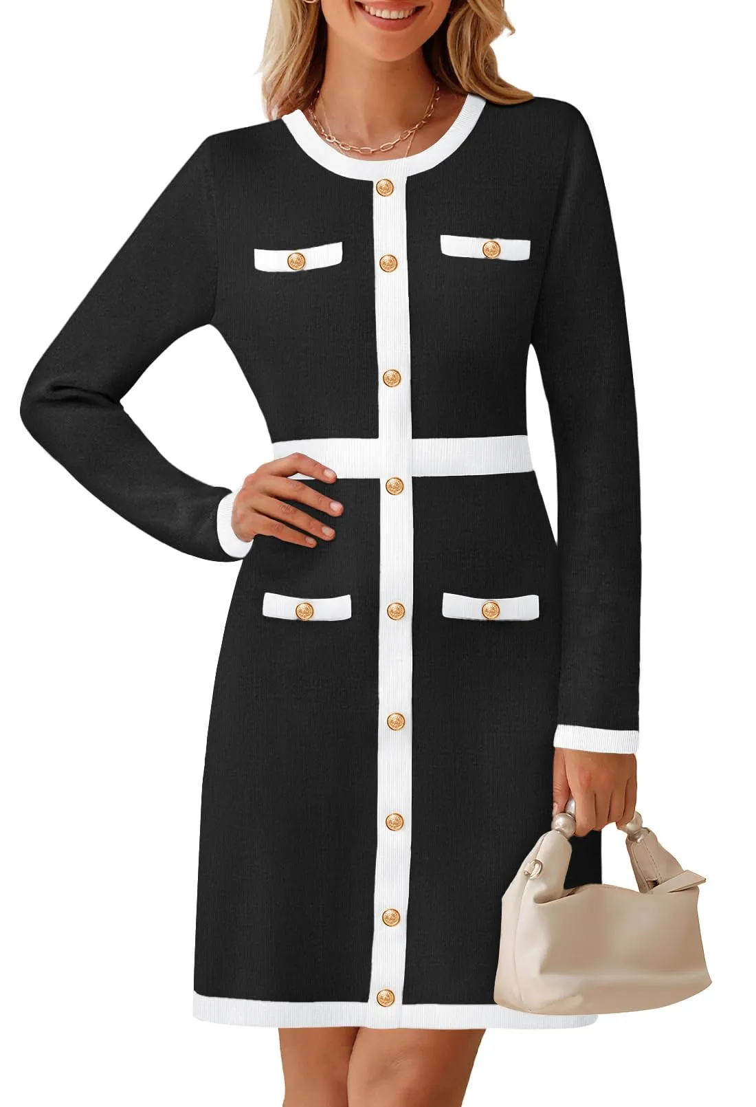 MEROKEETY Color Block Button Bodycon Knit Midi Work Dresses