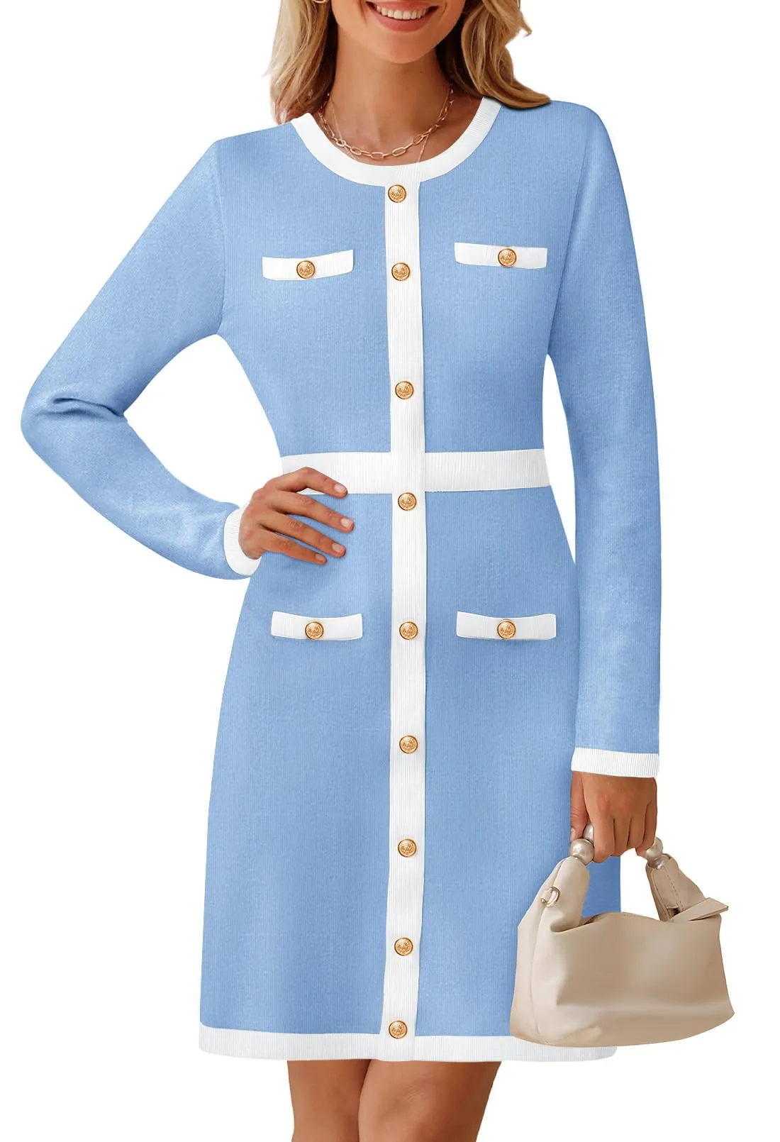 MEROKEETY Color Block Button Bodycon Knit Midi Work Dresses