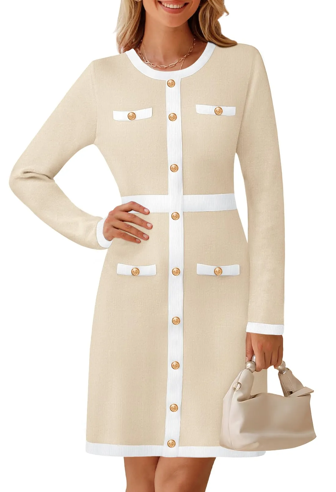 MEROKEETY Color Block Button Bodycon Knit Midi Work Dresses