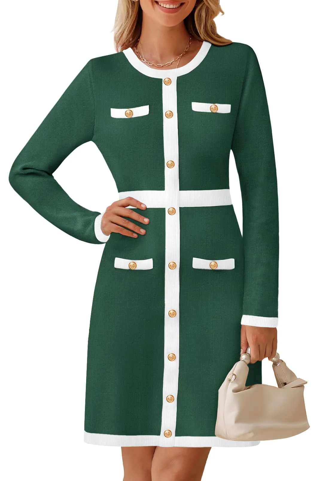 MEROKEETY Color Block Button Bodycon Knit Midi Work Dresses