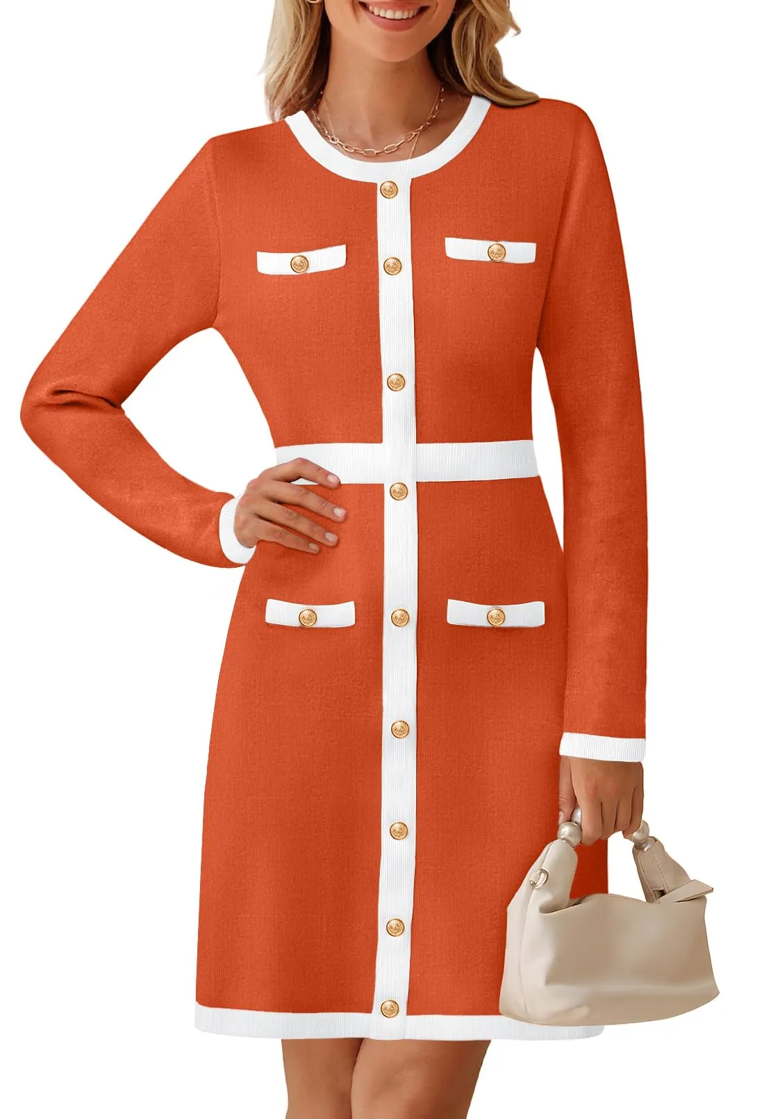 MEROKEETY Color Block Button Bodycon Knit Midi Work Dresses