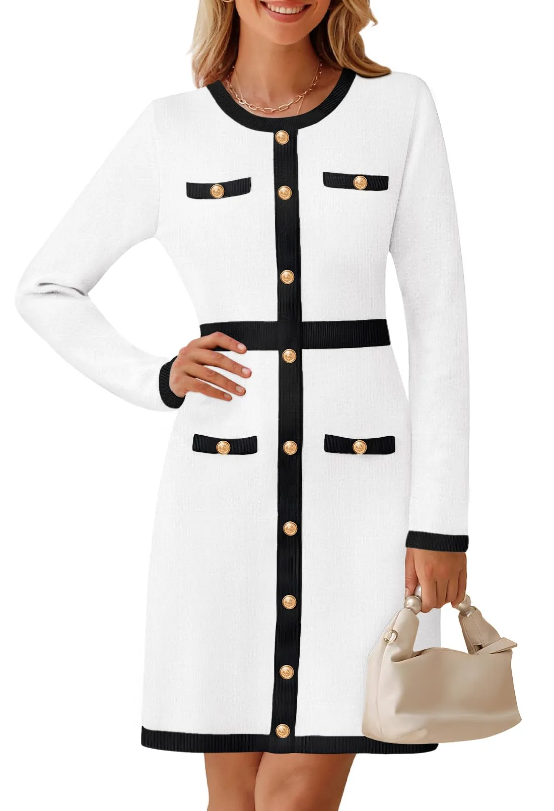MEROKEETY Color Block Button Bodycon Knit Midi Work Dresses