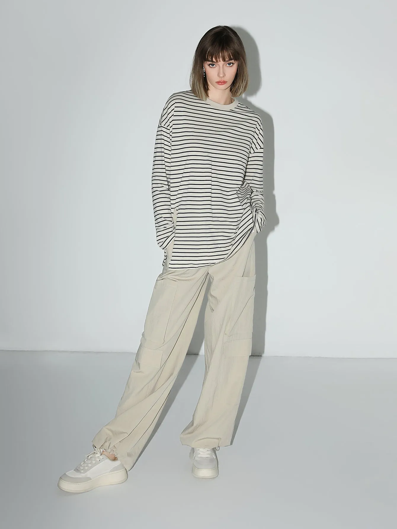 Nonchalant Black and White Striped Long Sleeve Tee