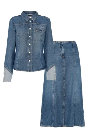 Patchwork Denim Shirt and Patchwork Denim Midi Skirt