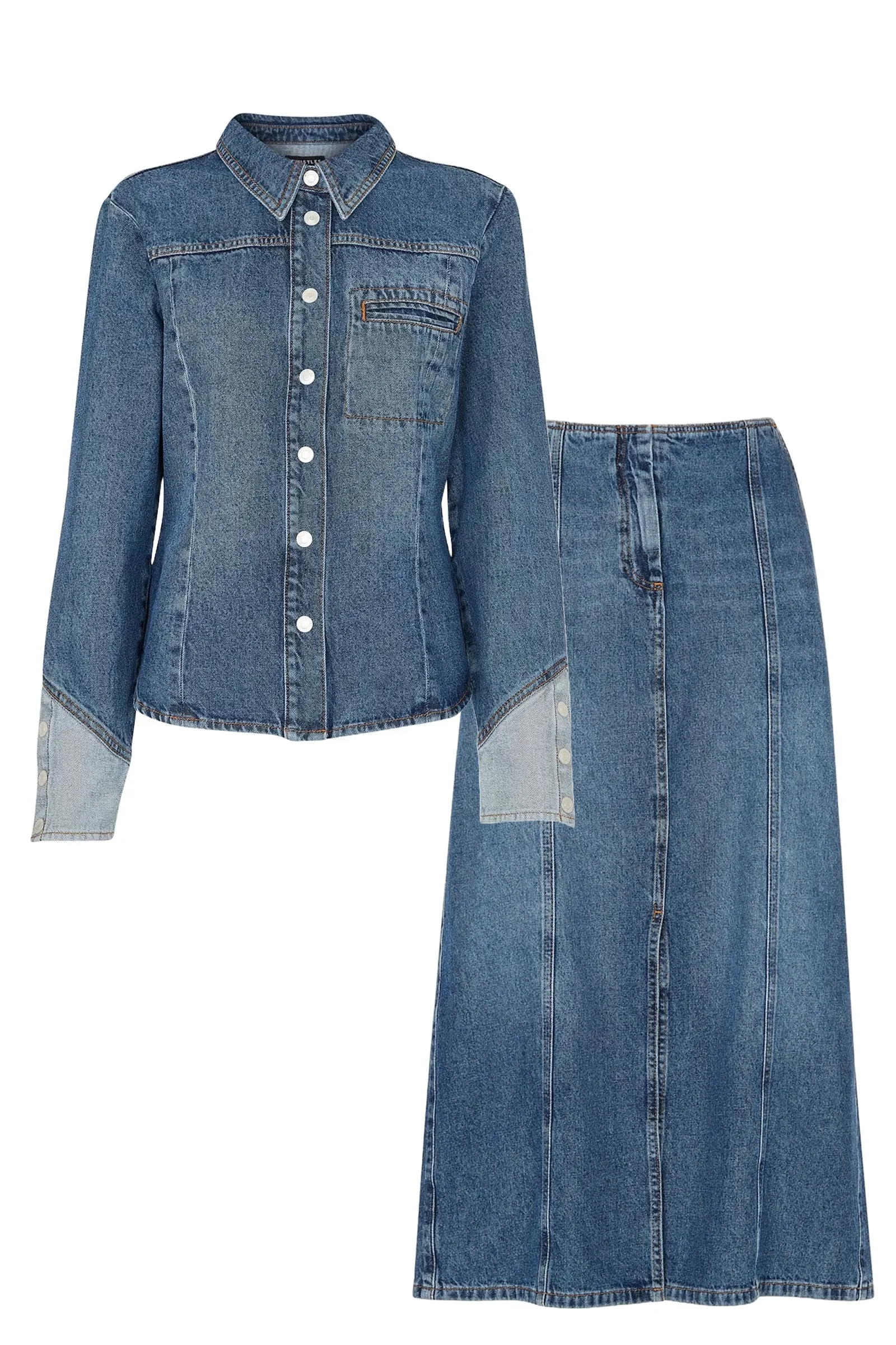 Patchwork Denim Shirt and Patchwork Denim Midi Skirt