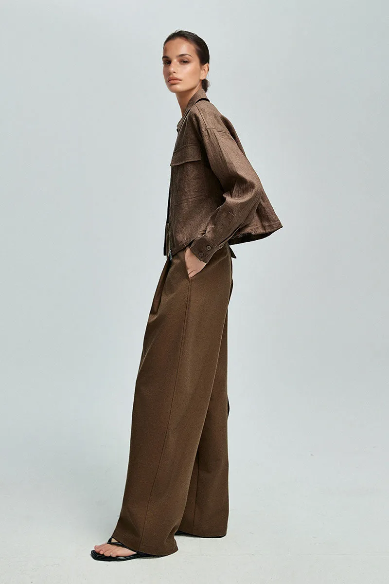 Premium French Linen Cropped Zip-Up Utility Jacket in Brown