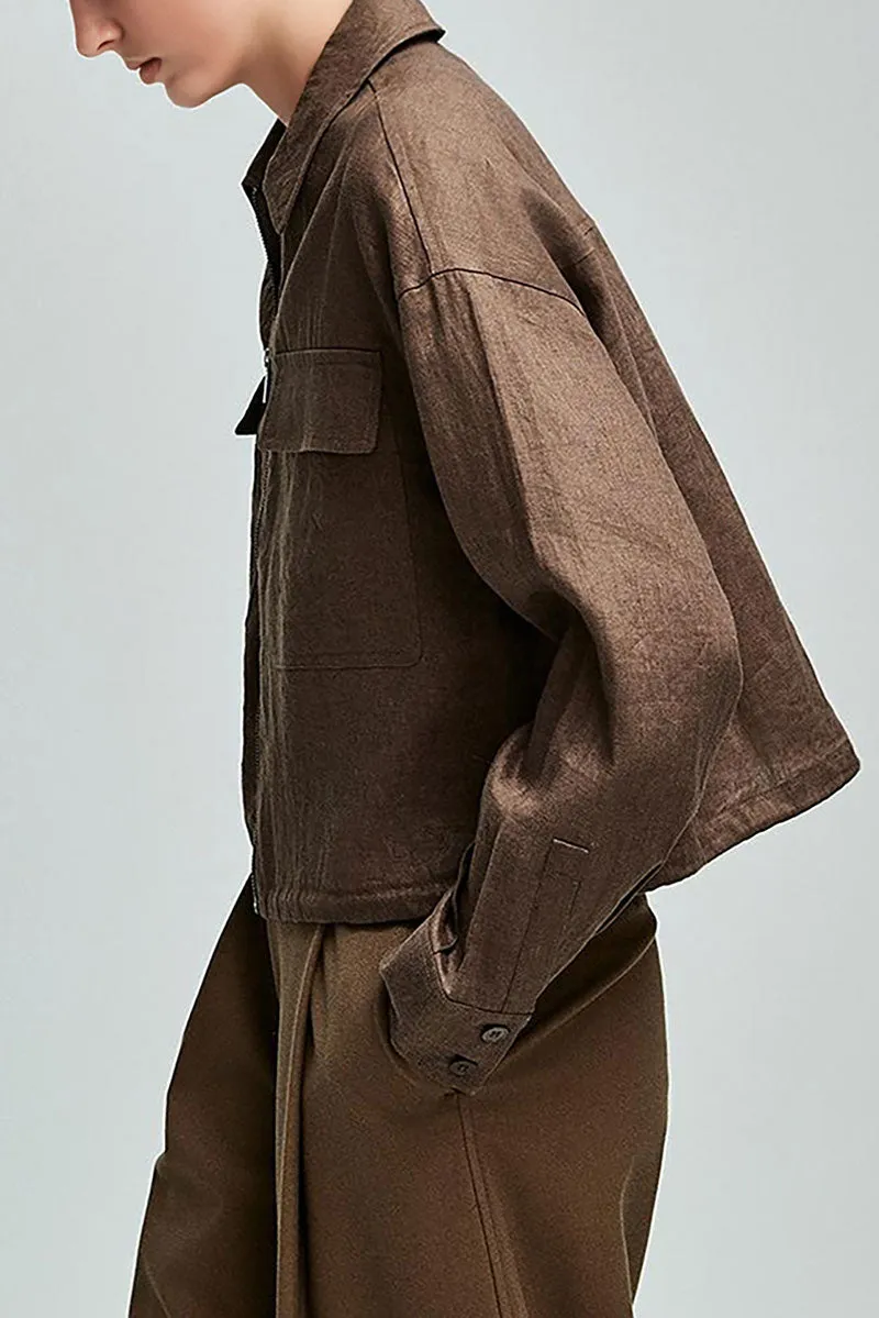 Premium French Linen Cropped Zip-Up Utility Jacket in Brown