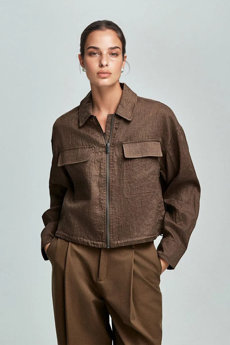 Premium French Linen Cropped Zip-Up Utility Jacket in Brown
