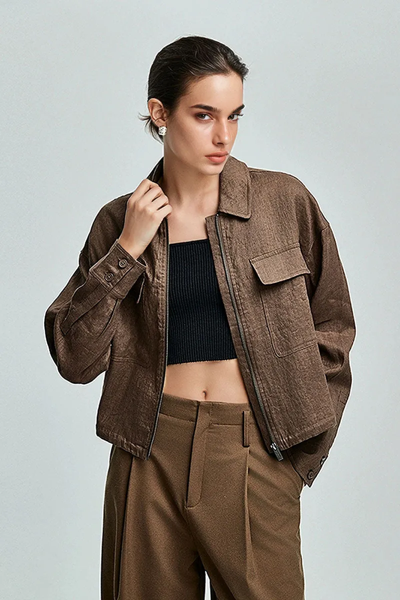 Premium French Linen Cropped Zip-Up Utility Jacket in Brown